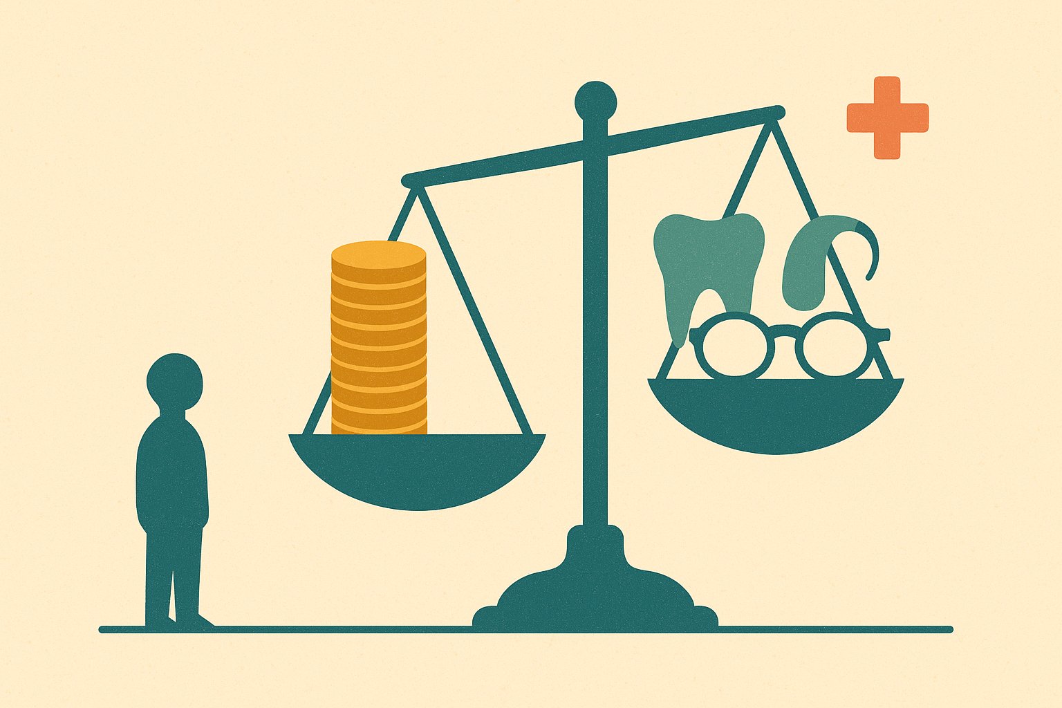 Balance opposant une pile de pieces a des lunettes, une dent et une aide auditive, illustration du rapport qualite prix d une assurance sante