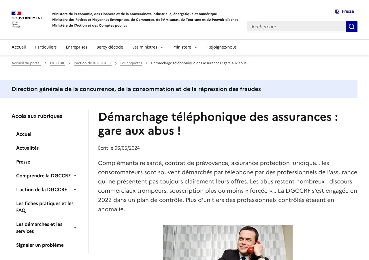Capture de la page de la DGCCRF consacrée au démarchage téléphonique des assurances