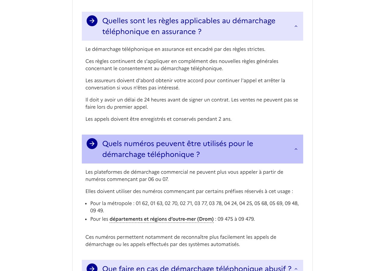 Capture de la section assurance de la fiche service-public sur le démarchage téléphonique abusif