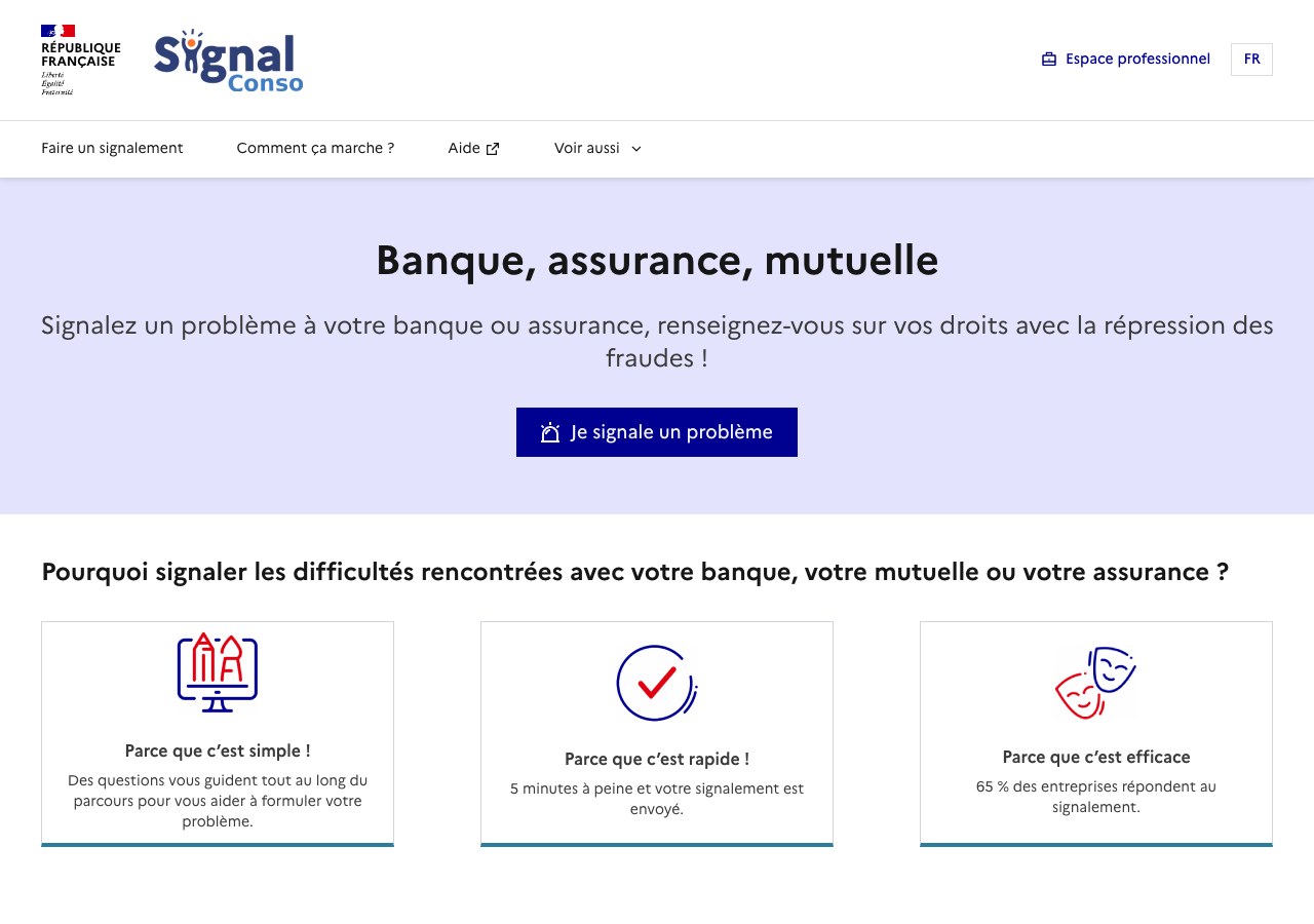 Capture de la page de Signal Conso consacrée aux signalements banque, assurance et mutuelle