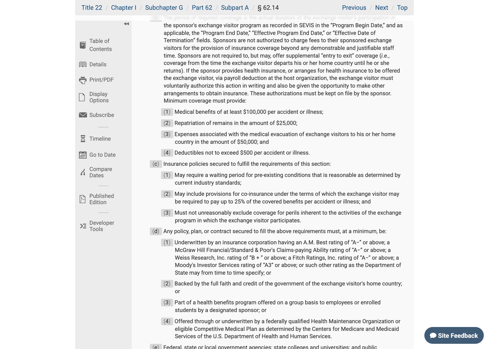 Le règlement fédéral américain 22 CFR 62.14 affiché sur le site officiel eCFR, avec les montants minimaux exigés du visa J-1
