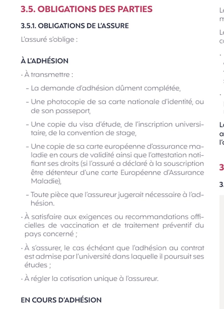 Extrait des conditions générales d’un contrat français d’études à l’étranger, chapitre obligations de l’assuré à l’adhésion