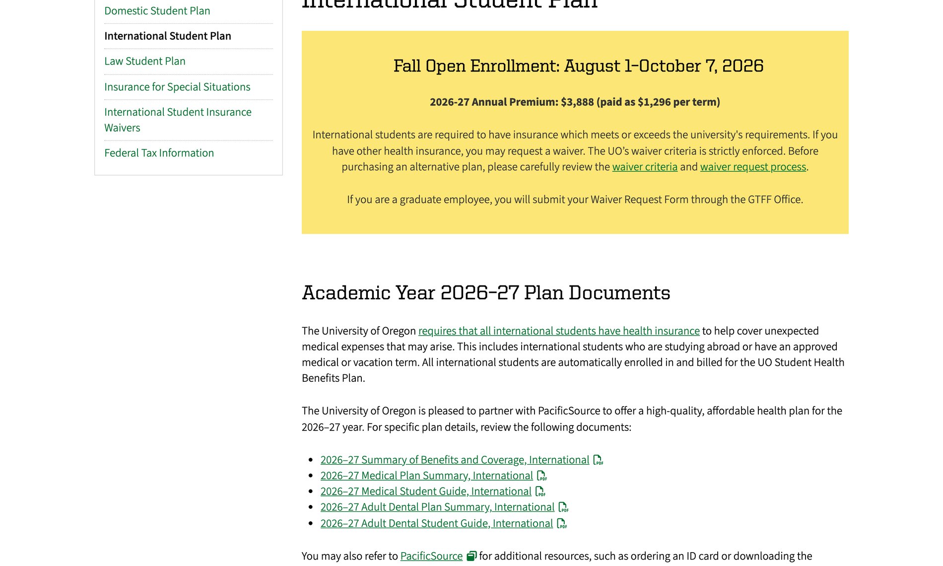 Page du contrat santé étudiant international de l’University of Oregon indiquant la prime annuelle 2026-2027