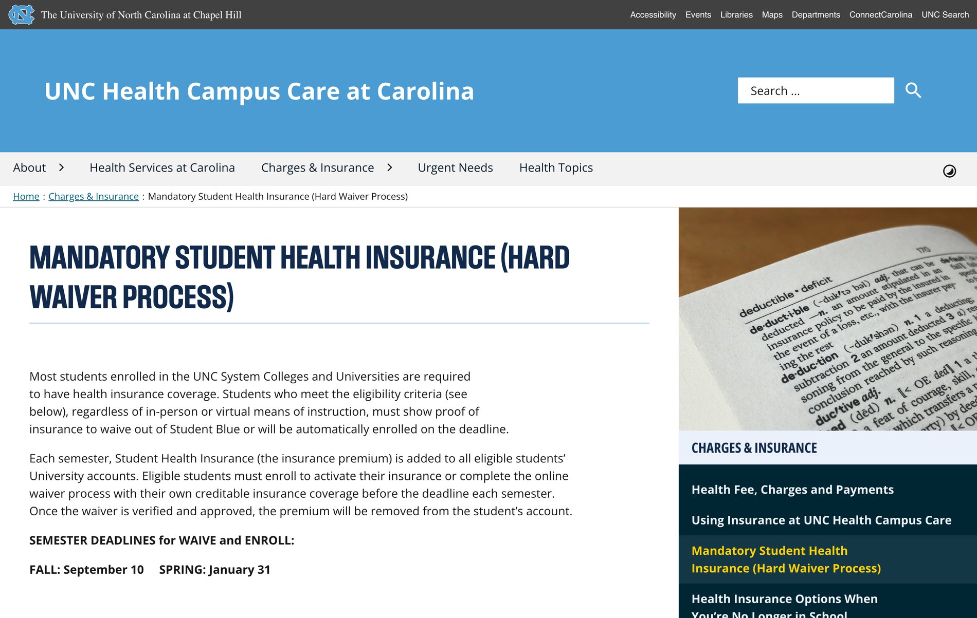 La page du système universitaire de Caroline du Nord consacrée à l’assurance santé obligatoire et à la procédure de dispense