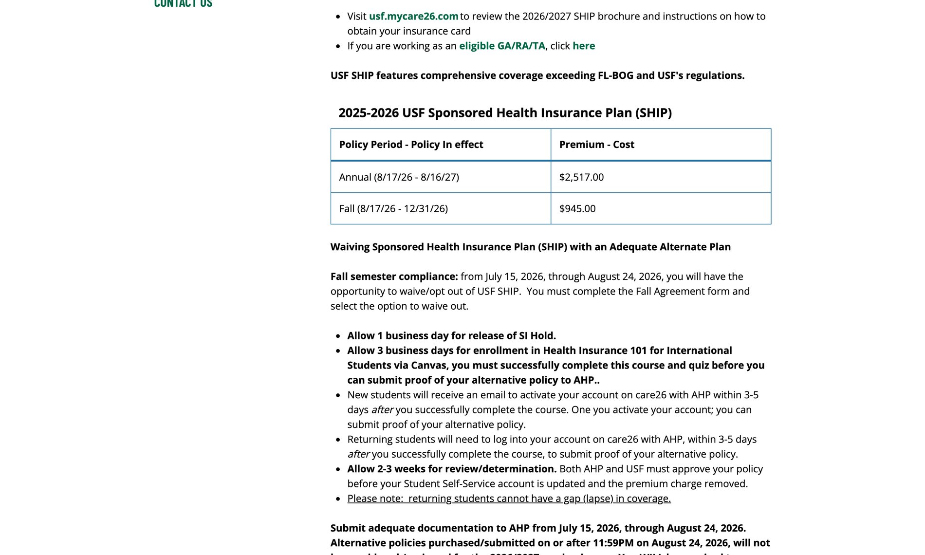 Tableau des primes du contrat santé étudiant de l’University of South Florida pour la période 2026-2027