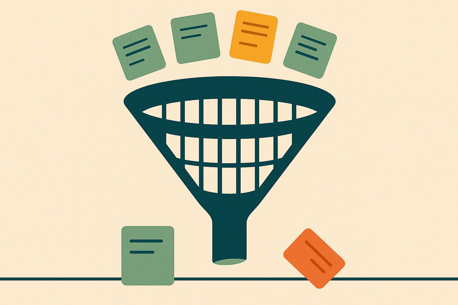 Illustration d’un entonnoir filtrant des documents, dont l’un est rejeté sur le côté