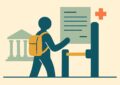 Étudiant avec un sac à dos devant un portique de contrôle et un formulaire de dispense, devant un bâtiment universitaire américain