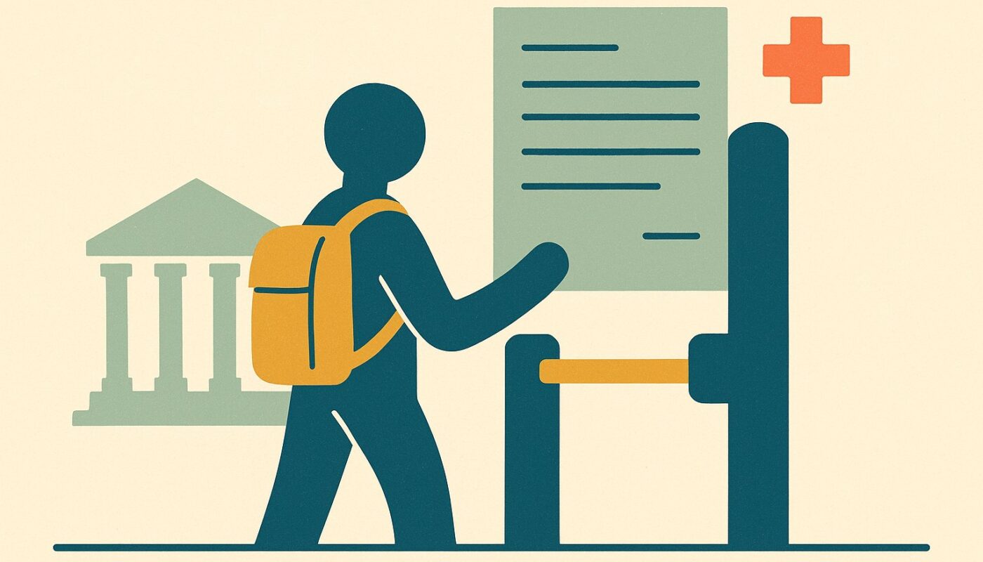 Étudiant avec un sac à dos devant un portique de contrôle et un formulaire de dispense, devant un bâtiment universitaire américain