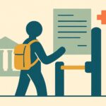 Étudiant avec un sac à dos devant un portique de contrôle et un formulaire de dispense, devant un bâtiment universitaire américain