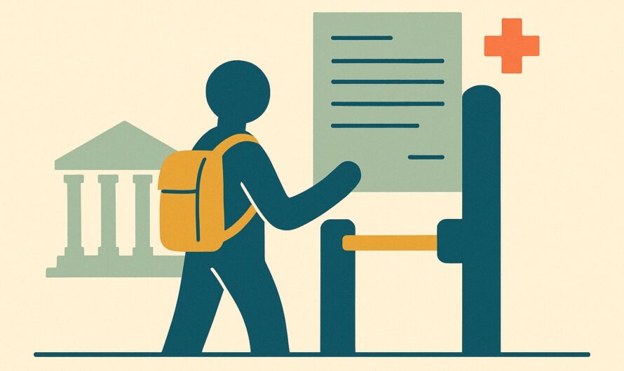 Étudiant avec un sac à dos devant un portique de contrôle et un formulaire de dispense, devant un bâtiment universitaire américain