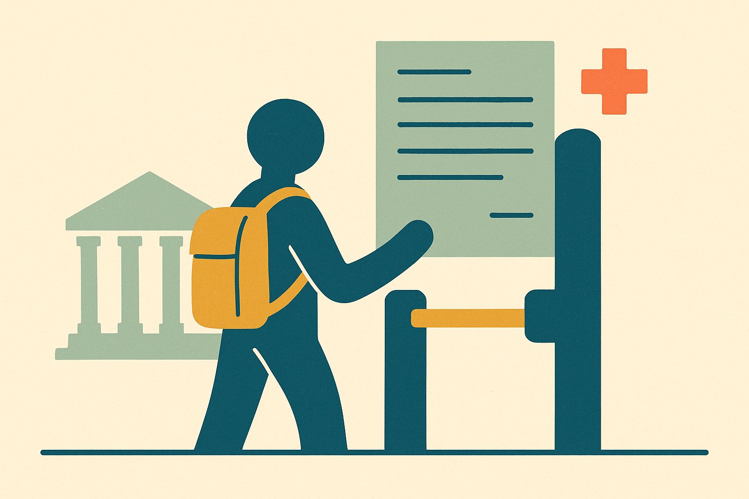 Étudiant avec un sac à dos devant un portique de contrôle et un formulaire de dispense, devant un bâtiment universitaire américain