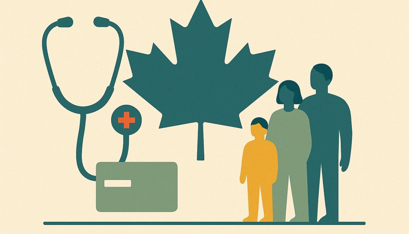 Assurance santé expatrié au Canada : feuille d'érable, stéthoscope et famille stylisés