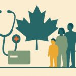 Assurance santé expatrié au Canada : feuille d'érable, stéthoscope et famille stylisés