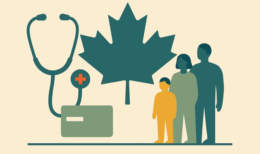 Assurance santé expatrié au Canada : feuille d'érable, stéthoscope et famille stylisés