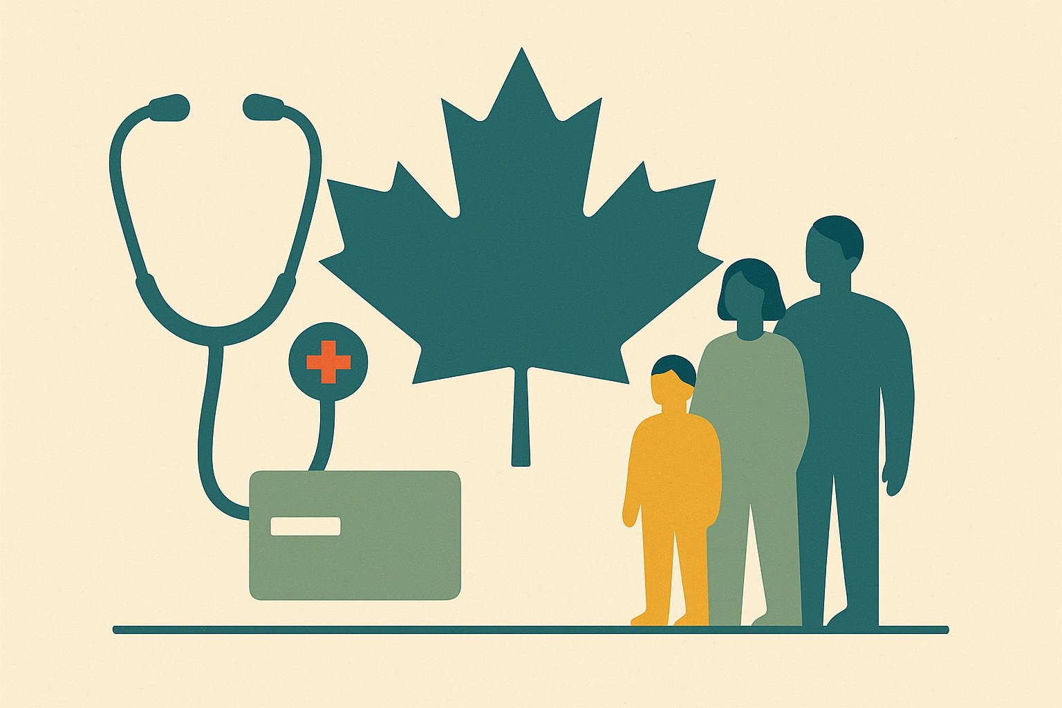 Assurance santé expatrié au Canada : feuille d'érable, stéthoscope et famille stylisés