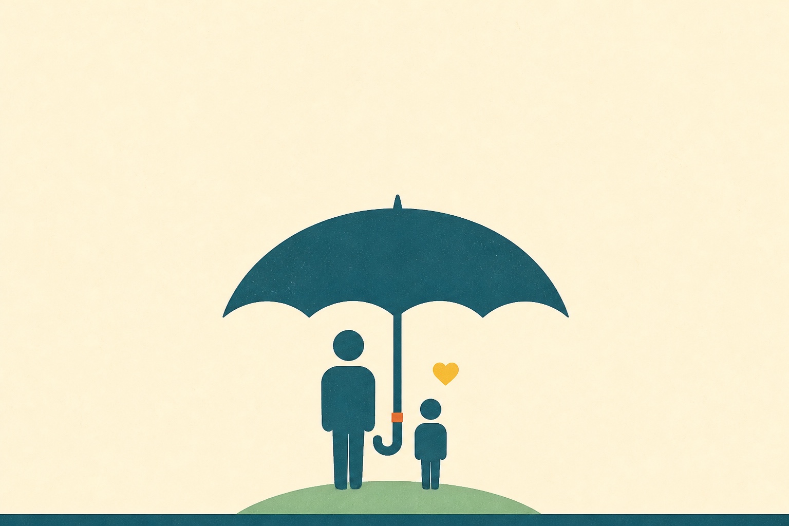 Illustration de la protection familiale, en DA creme et bleu petrole : un toit parapluie au-dessus d'un adulte et d'un enfant