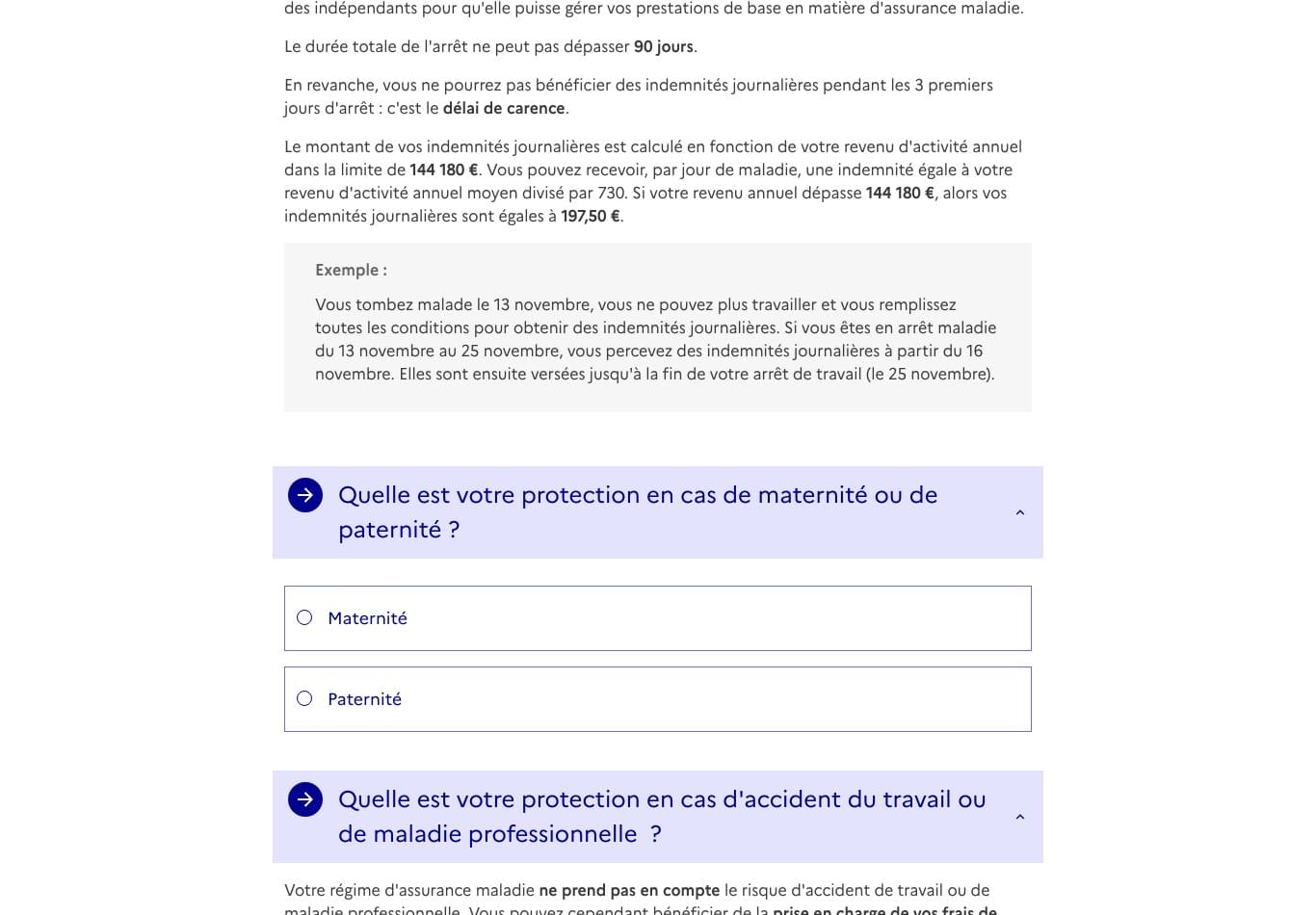 Capture de la fiche service-public F36708 : indemnités journalières des travailleurs indépendants en activité libérale, plafond de revenu 144 180 euros et 197,50 euros par jour en 2026