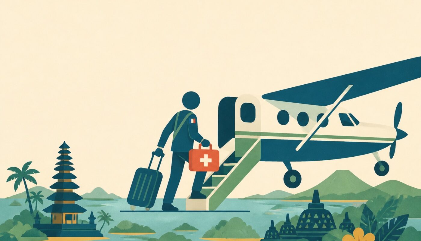 Illustration en DA crème et bleu pétrole d’un expatrié montant dans un avion avec une trousse médicale au-dessus de l’archipel indonésien, temples balinais