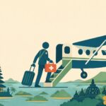 Illustration en DA crème et bleu pétrole d’un expatrié montant dans un avion avec une trousse médicale au-dessus de l’archipel indonésien, temples balinais