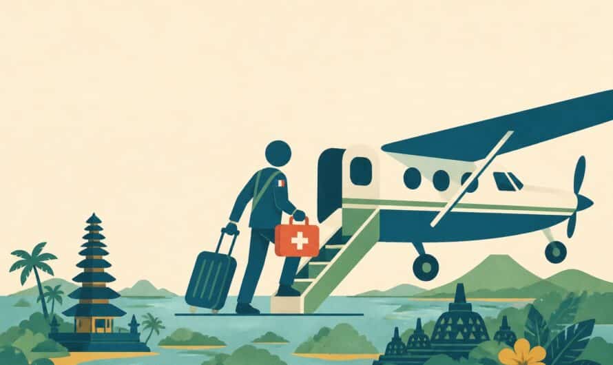 Illustration en DA crème et bleu pétrole d’un expatrié montant dans un avion avec une trousse médicale au-dessus de l’archipel indonésien, temples balinais