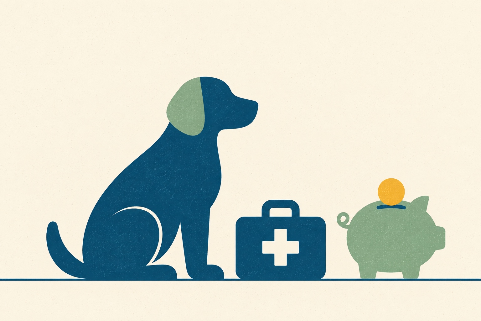 Illustration en aplats bleu pétrole sur fond crème : silhouette arrondie de chien assis à côté d'une trousse de premiers soins vétérinaires et d'une tirelire, pour évoquer le budget santé de son animal