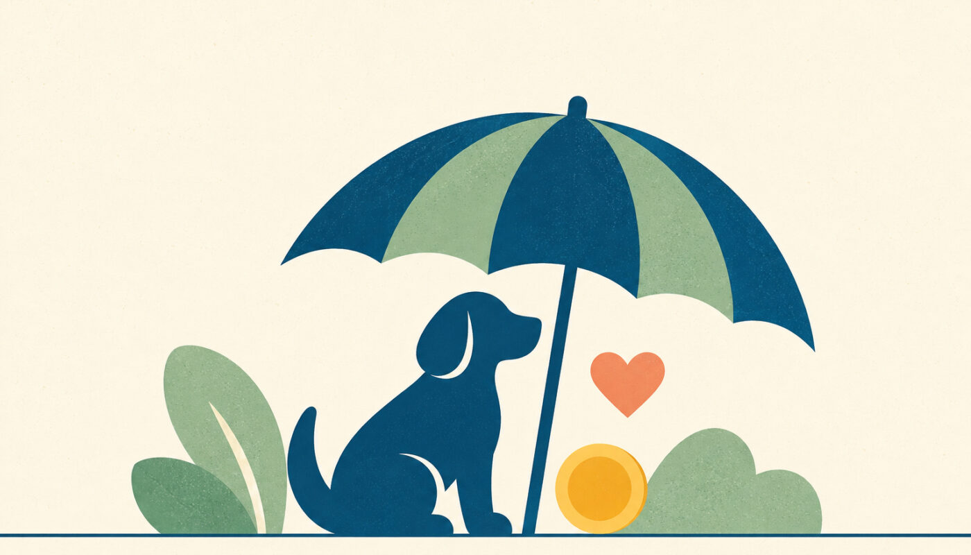 Illustration en aplats bleu pétrole sur fond crème : silhouette de chien protégée sous un grand parapluie, avec un cœur et une pièce, symbole de la couverture santé d'un animal à budget maîtrisé