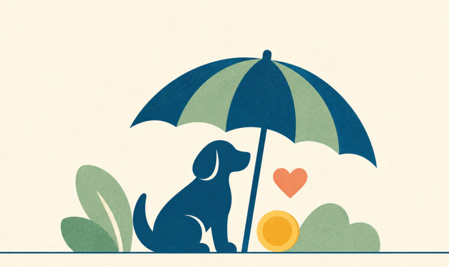 Illustration en aplats bleu pétrole sur fond crème : silhouette de chien protégée sous un grand parapluie, avec un cœur et une pièce, symbole de la couverture santé d'un animal à budget maîtrisé